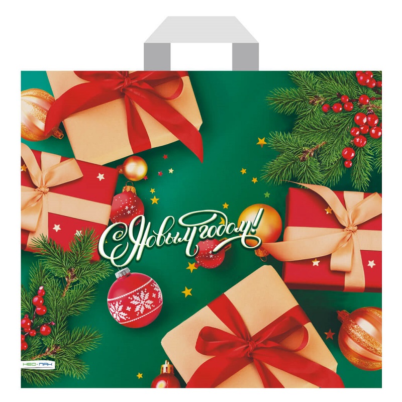 Пакет ПВД 58х50/65 мк, Новогодние подарки, ручка петлевая