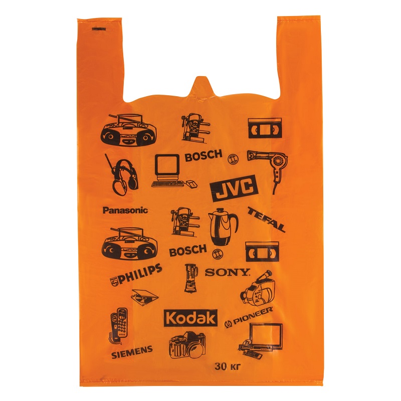 Пакет майка ПНД 42+16х65 см, 30 мкм, Электрон, оранжевый, Комплект 100 штук